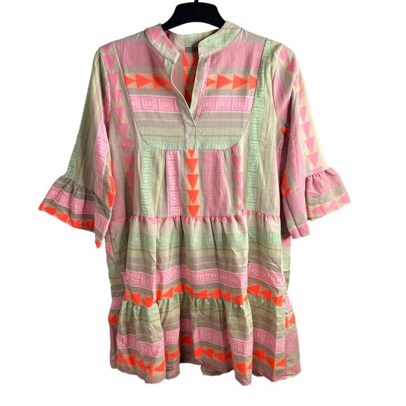 Anthropologie Luisa Perla Tiered Split Neck Bell Slevee Aztec Tribal Dress Small - Picture 16 of 16